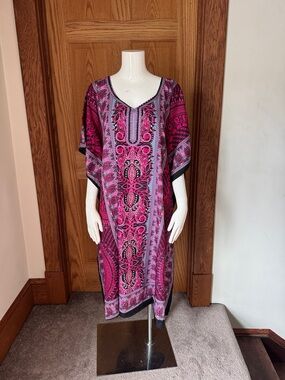 Sante Classics Kaftan Muumuu Dress Pink Black Boho Print Loose Flowy NWT